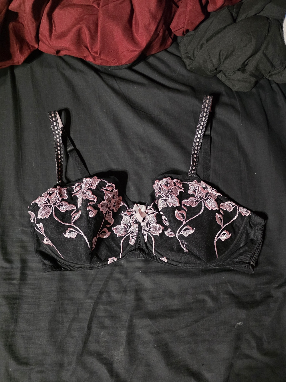 Cacique Black Bra with Pink Floral Embroidery - Lightly Lined 42DD/42E